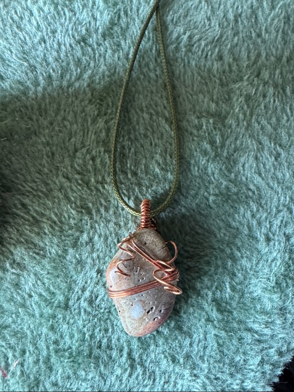 Handcrafted Copper Wire Wrapped Beach Stone Pendant Necklace - Brown
